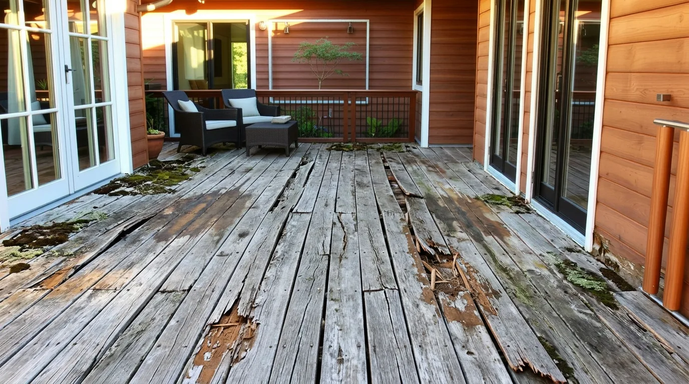 Deck castigado pelo sol totalmente renovado – Antes